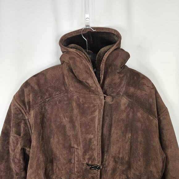 Vintage Synergy Oversized Leather Faux Shearling Coat Large Chocolate Brown - Picture 2 of 13